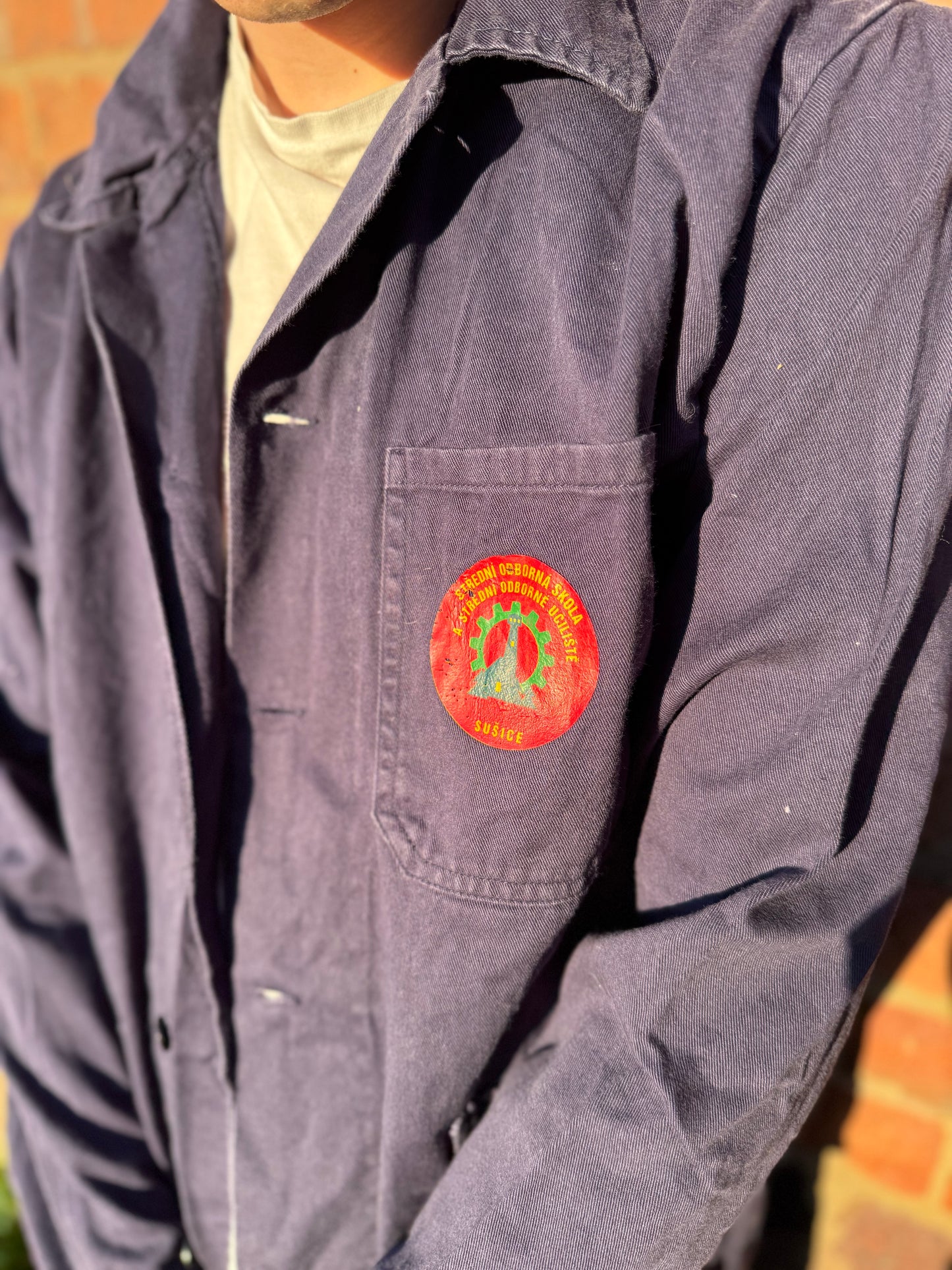 Classic Vintage Workwear Pocket Logo Blue Chore Jacket Dark Blue Large