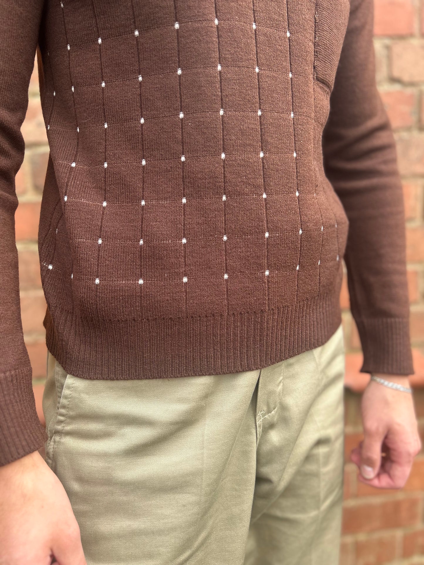 Vintage 1960s Brown Knitted Long-sleeved Collared Polo Small