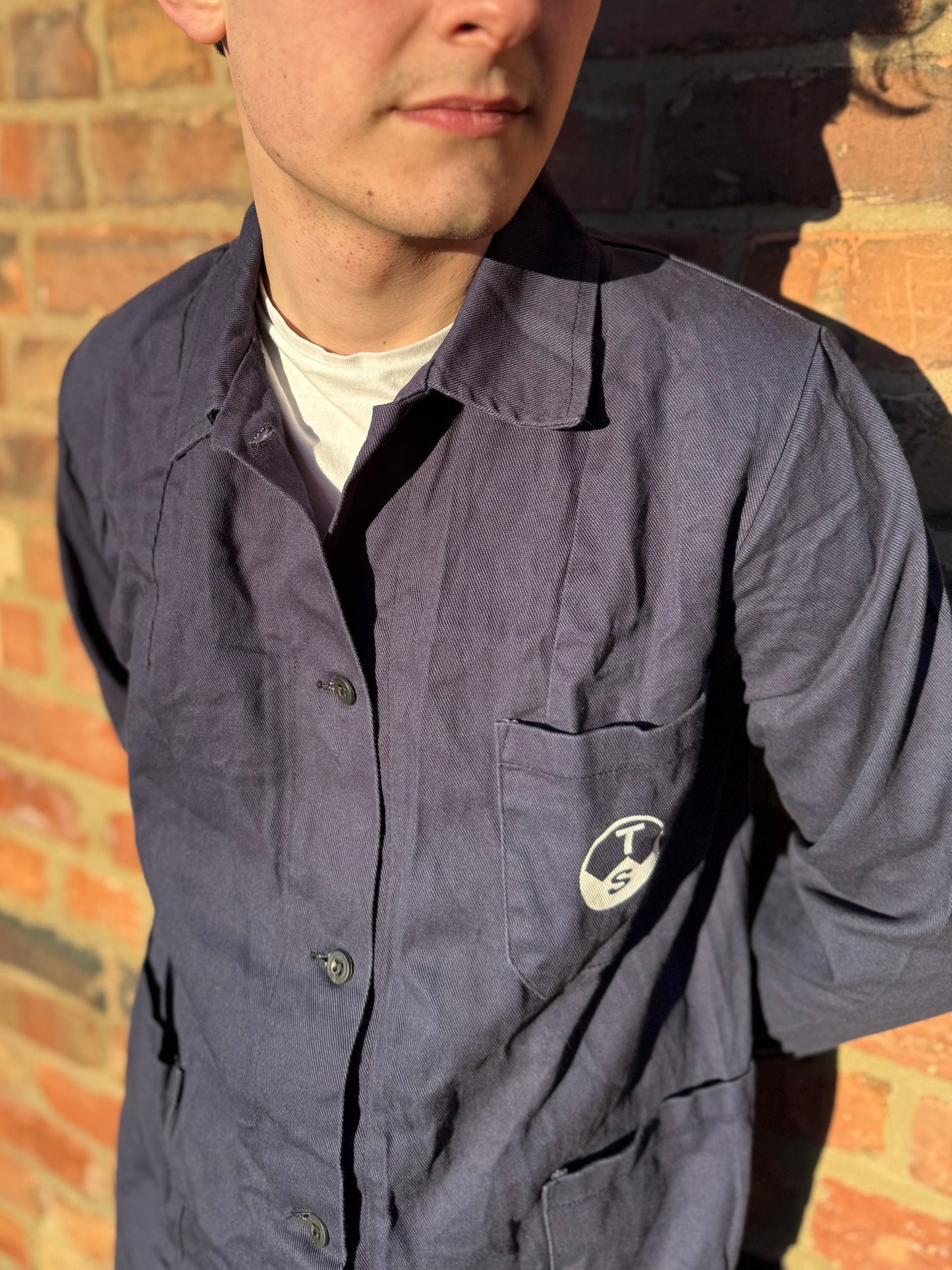 Vintage European Work Dark Blue Jacket Durable Cotton Chore Jacket White Logo Medium