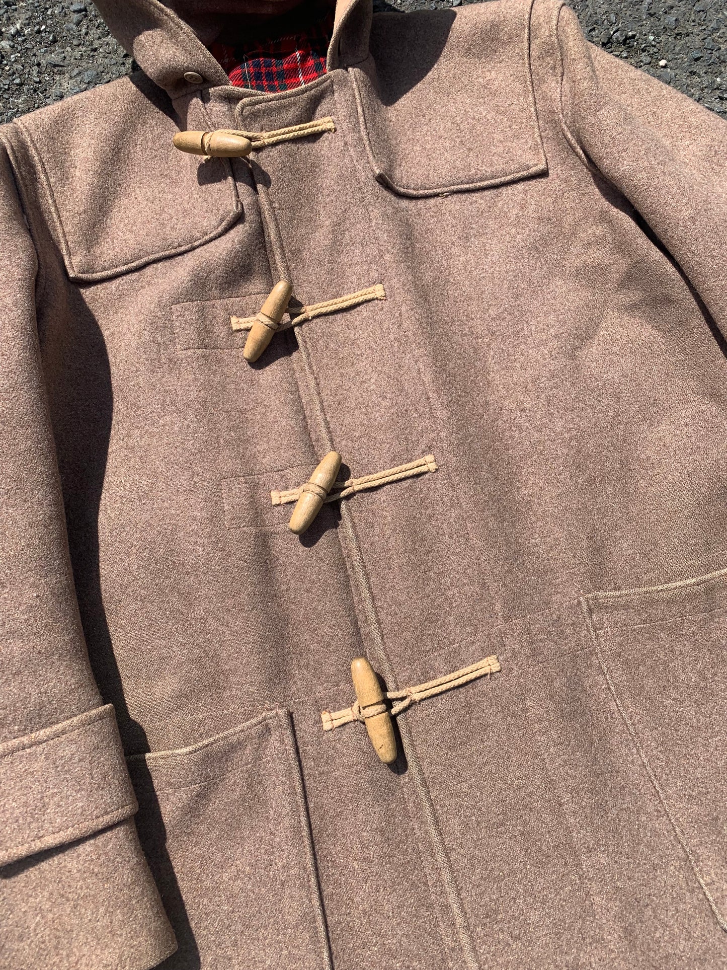 Vintage 1950s/60s Wooden Toggle Hooded Tartan Lined Duffle Coat Large