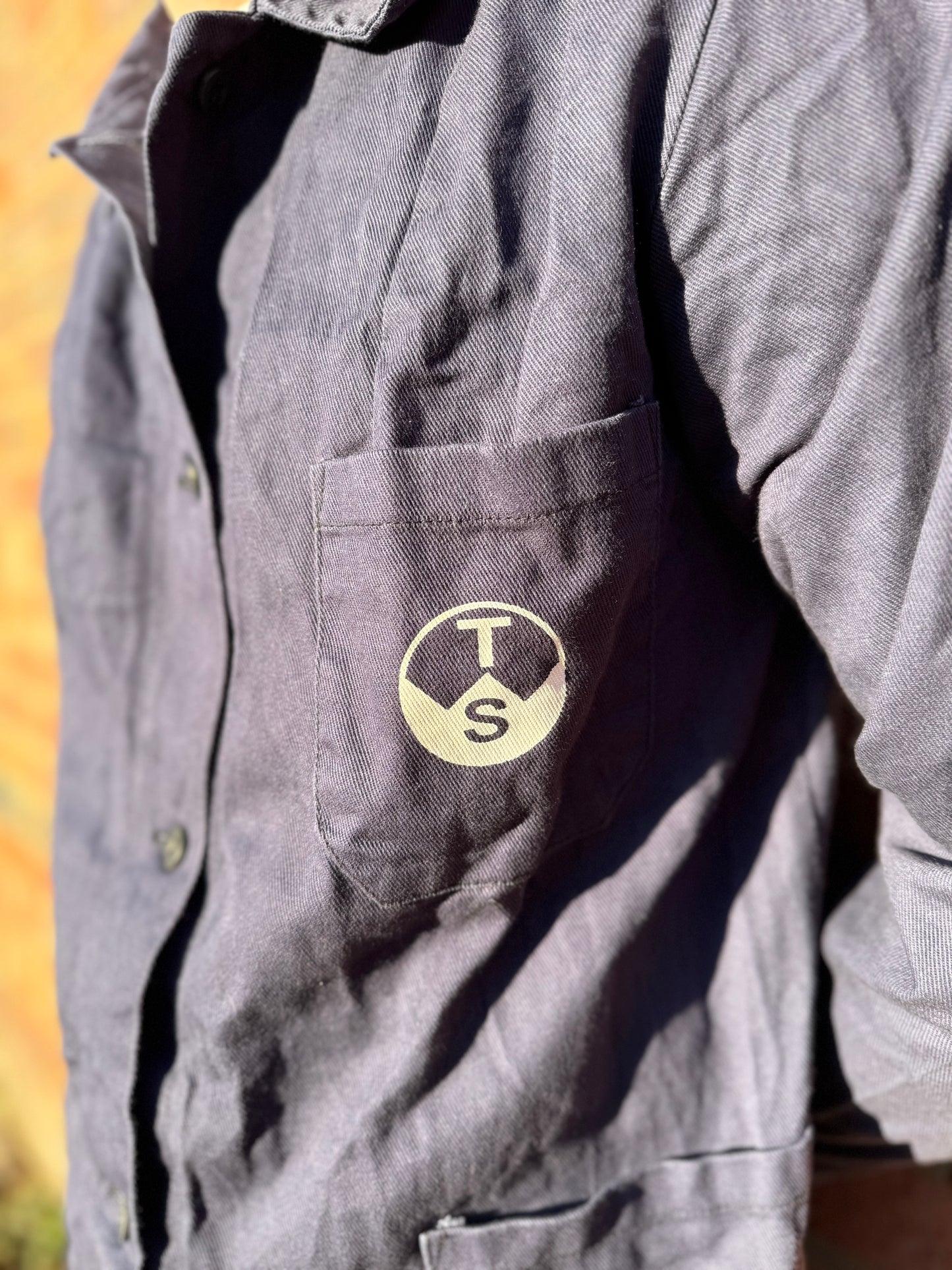 Vintage European Work Dark Blue Jacket Durable Cotton Chore Jacket White Logo Medium