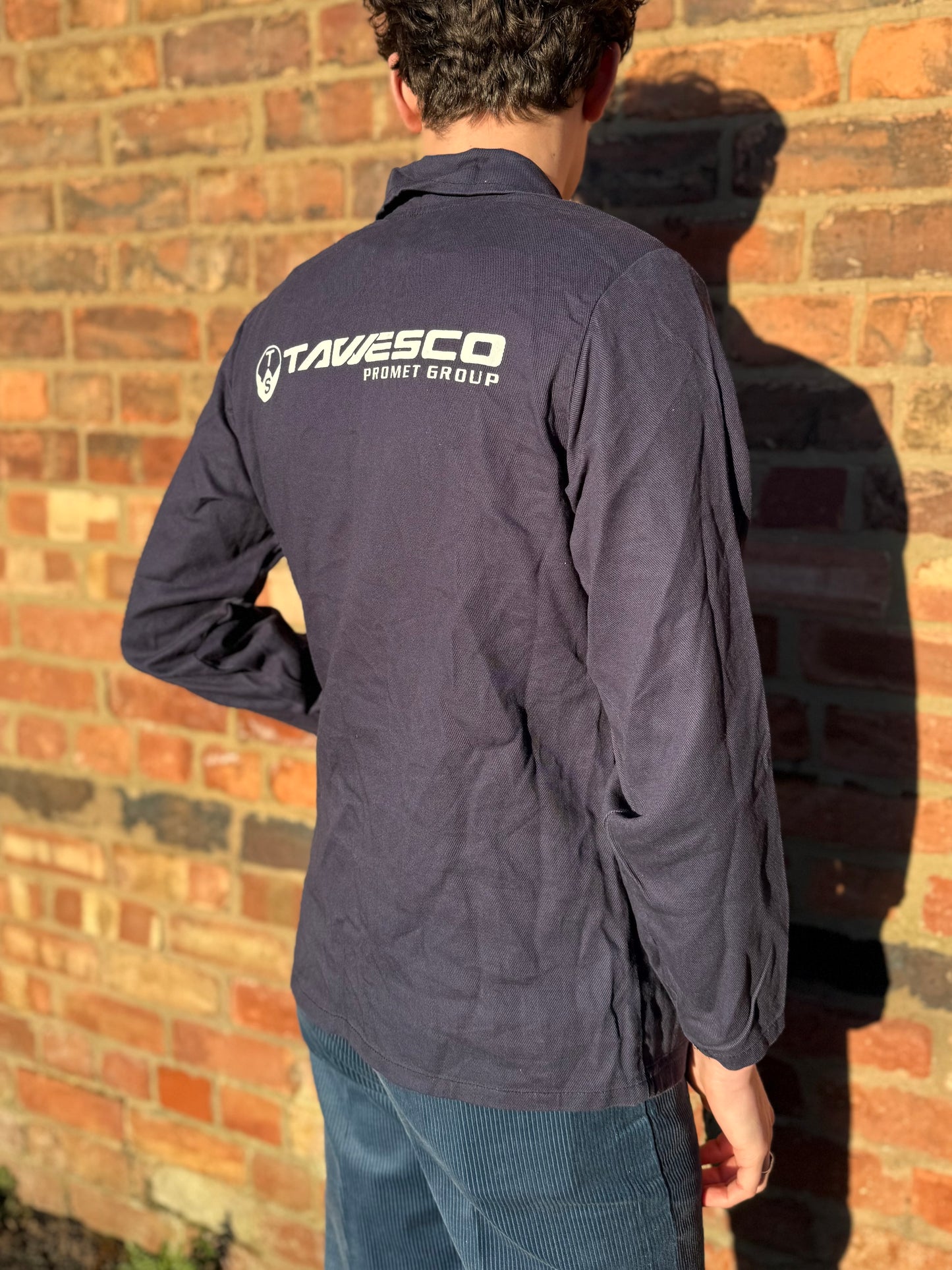 Vintage European Work Dark Blue Jacket Durable Cotton Chore Jacket White Logo Medium