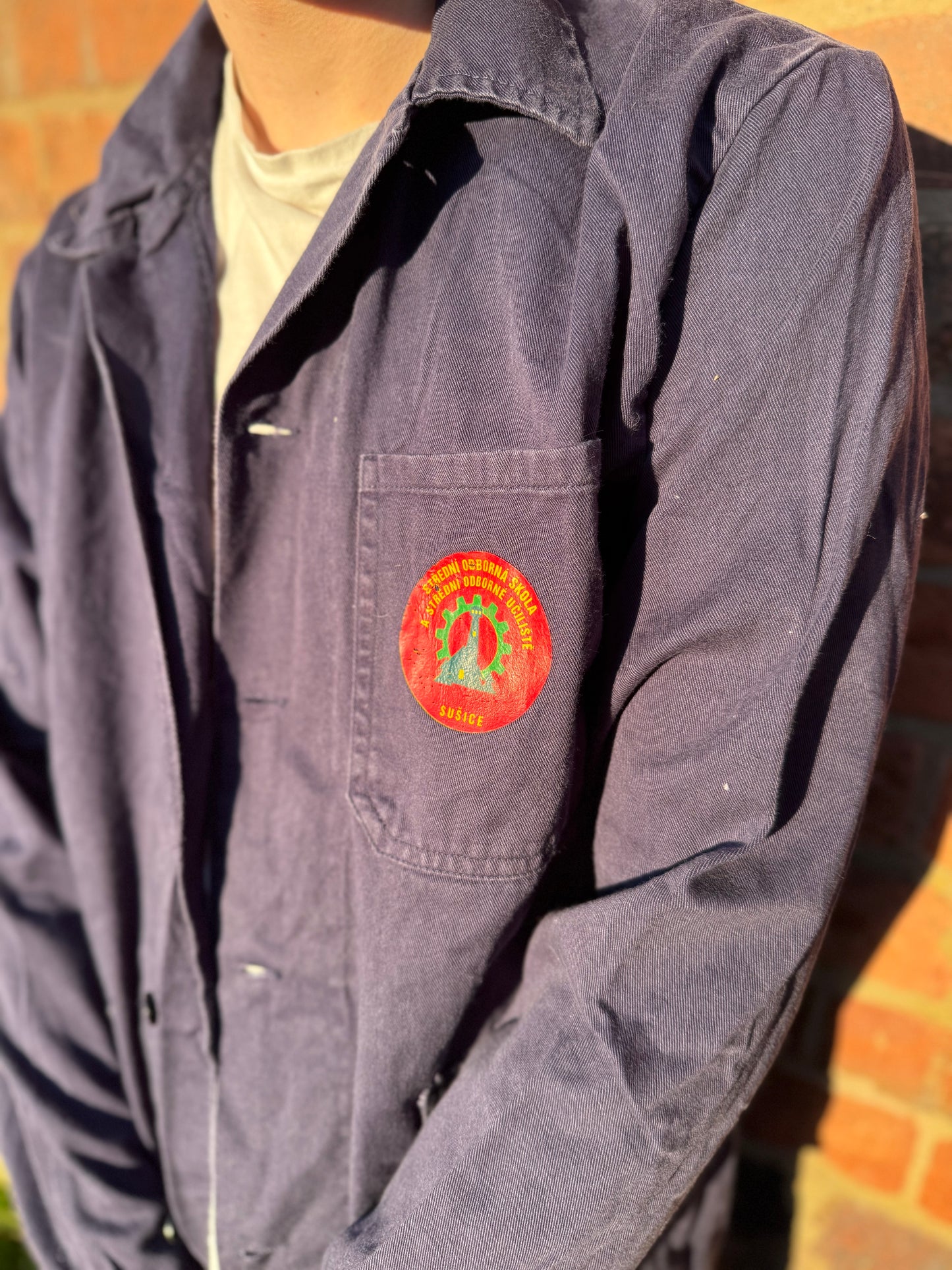 Classic Vintage Workwear Pocket Logo Blue Chore Jacket Dark Blue Large