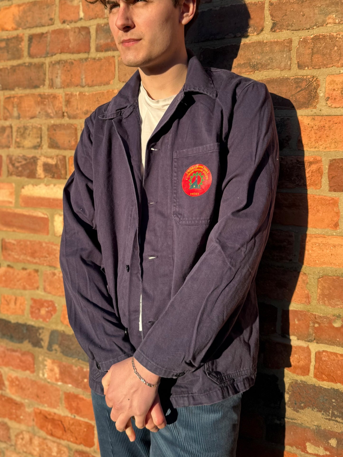 Classic Vintage Workwear Pocket Logo Blue Chore Jacket Dark Blue Large