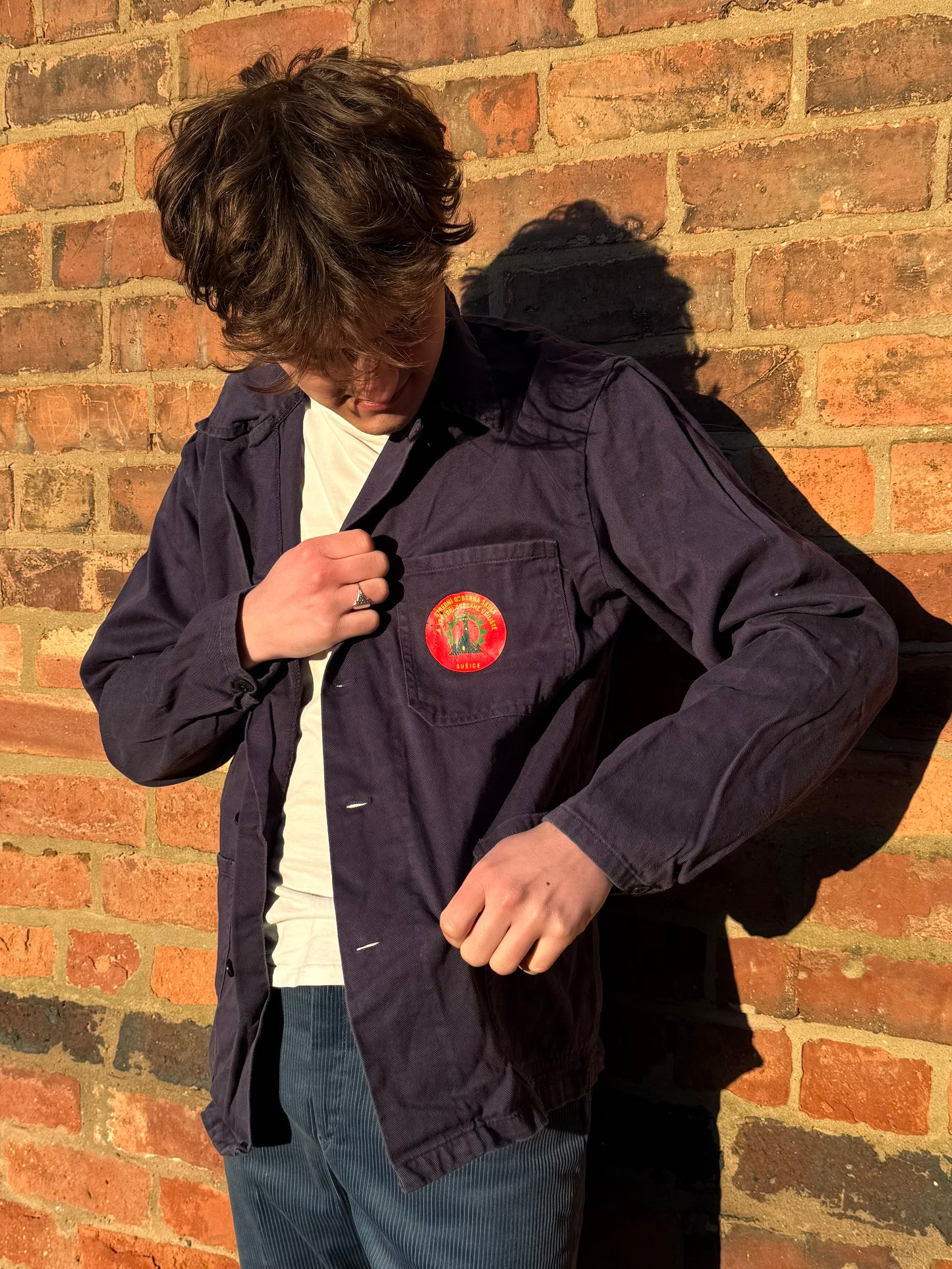 Classic Vintage Workwear Pocket Logo Blue Chore Jacket Dark Blue Large