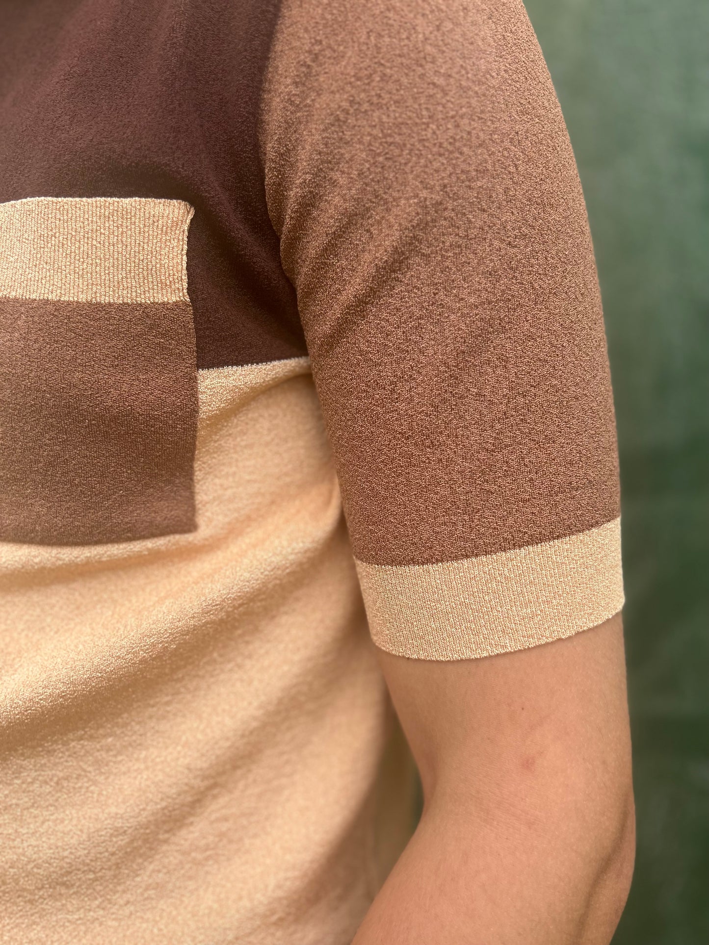 Vintage 1960s Style Brown Sectioned Stretchy Polo Shirt Medium