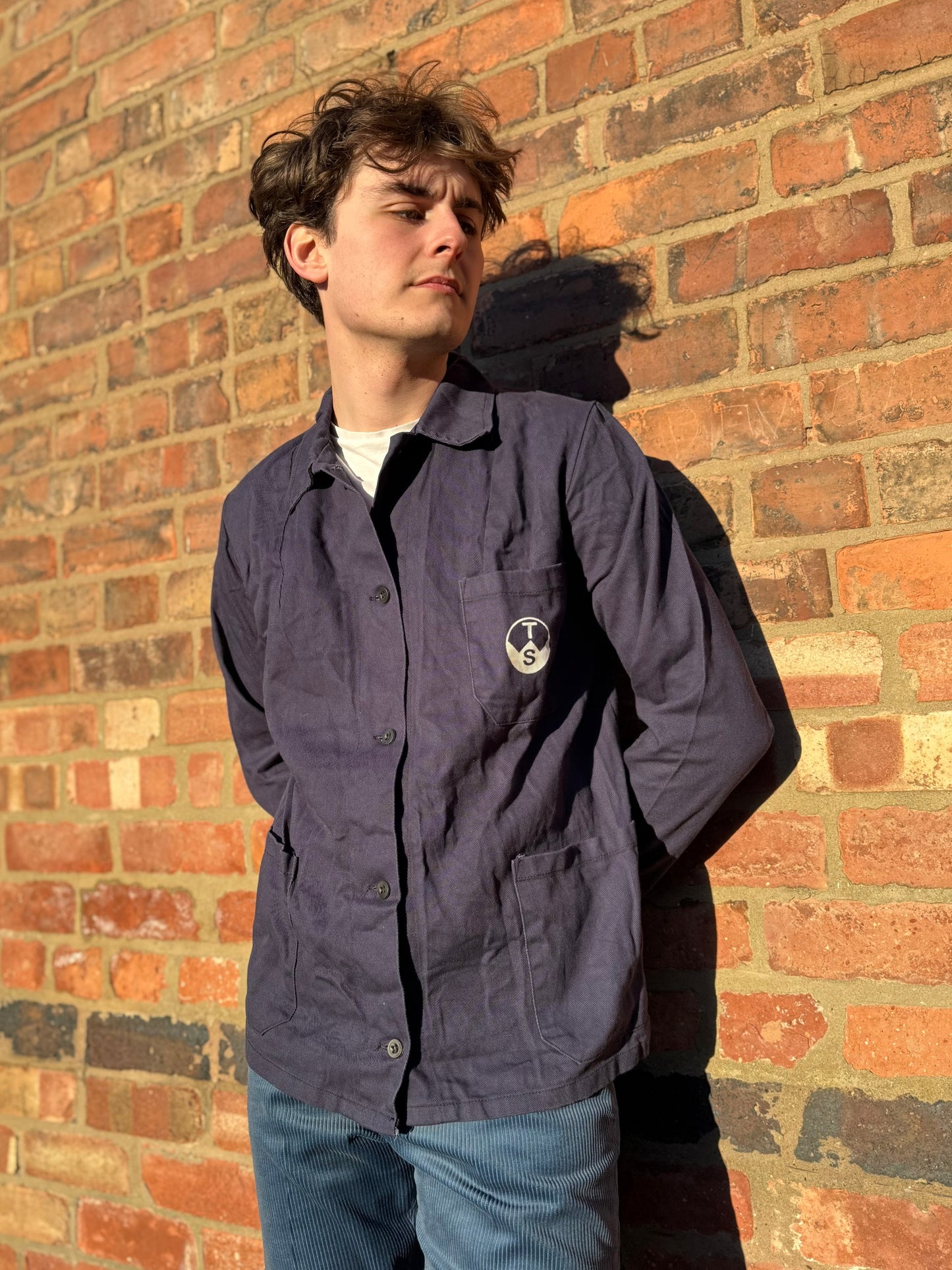 Vintage European Work Dark Blue Jacket Durable Cotton Chore Jacket White Logo Medium