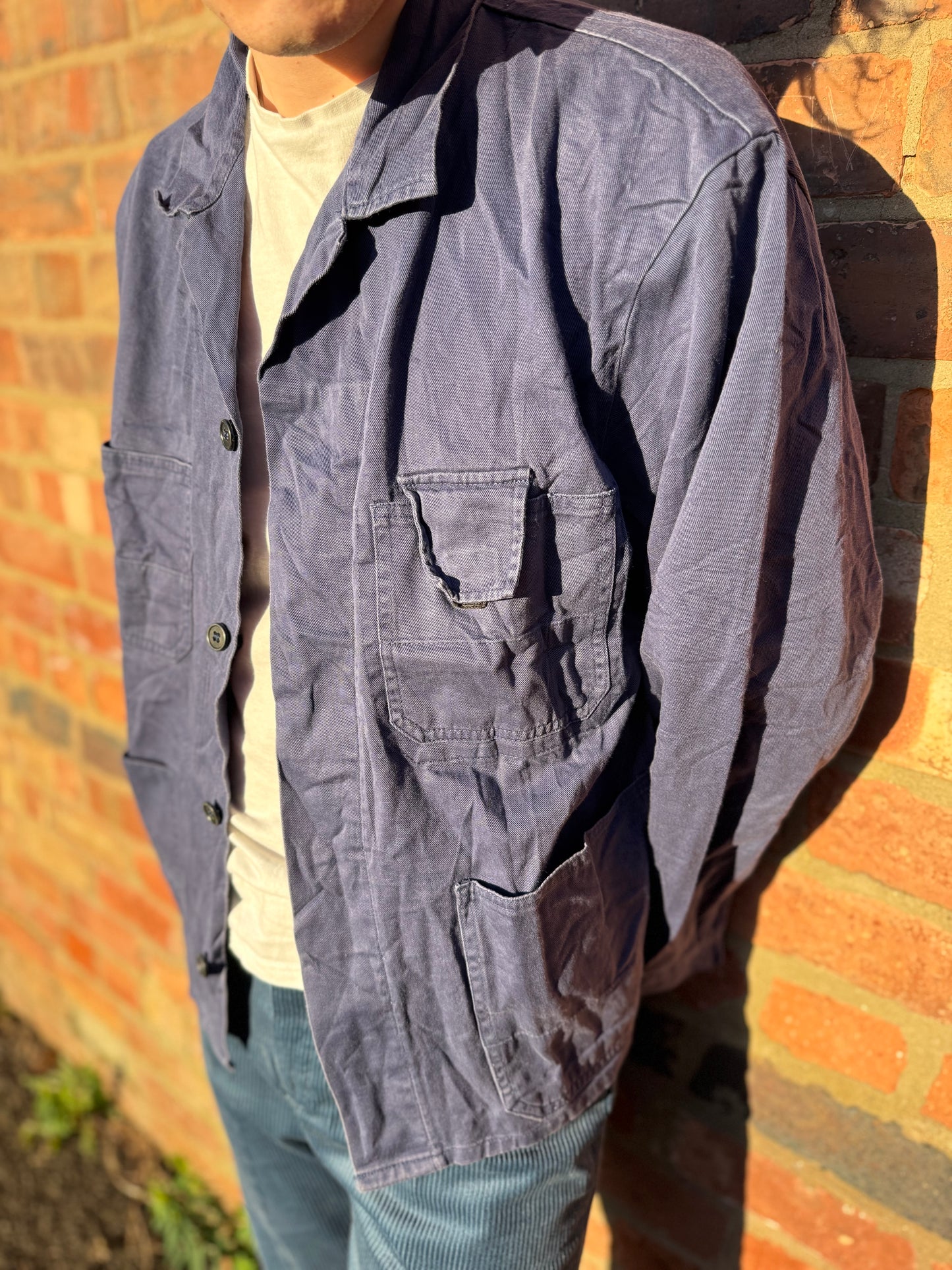Vintage Faded European Work Jacket Classic Utility Style Multiple Pockets Large