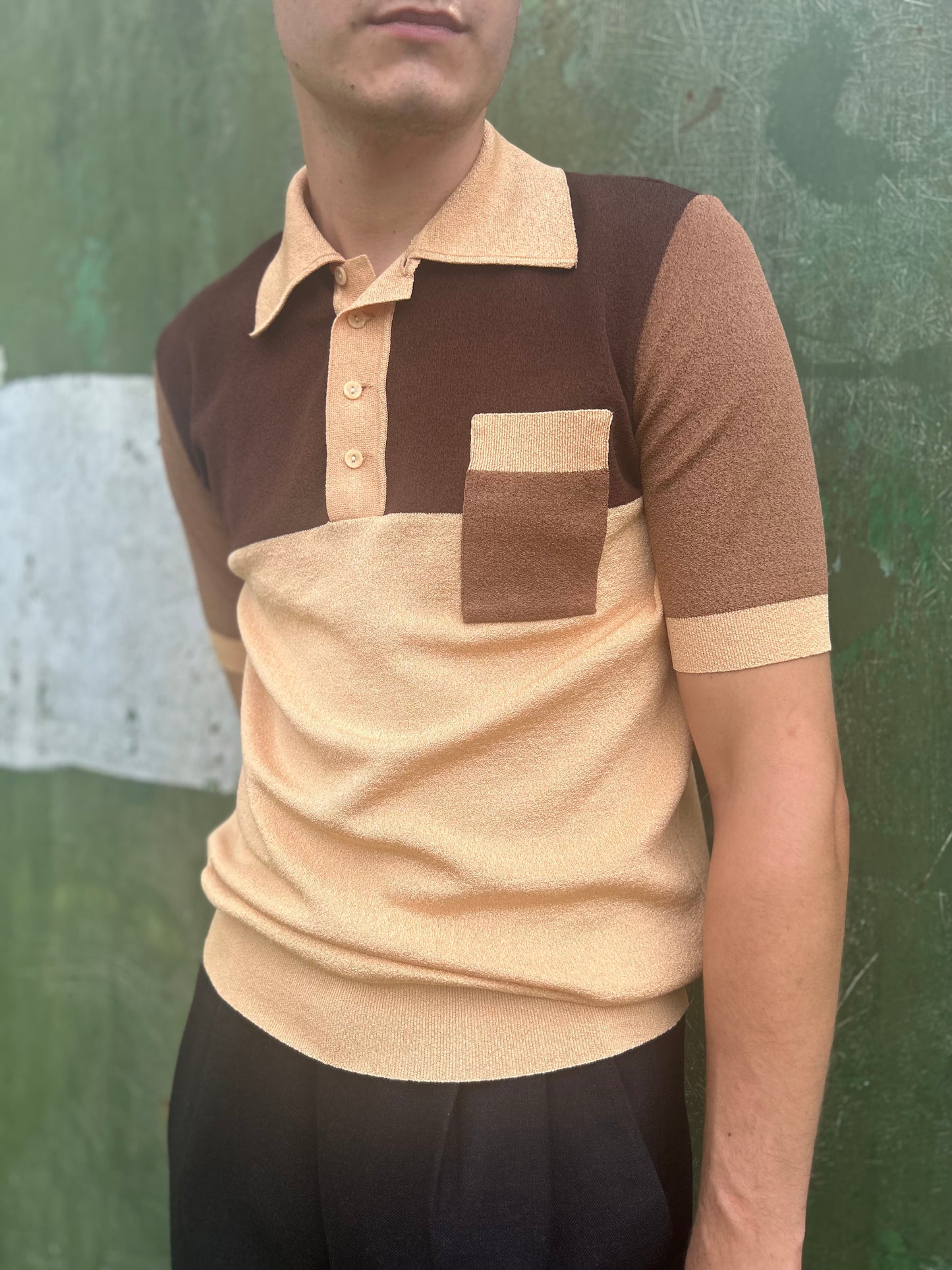 Vintage 1960s Style Brown Sectioned Stretchy Polo Shirt Medium