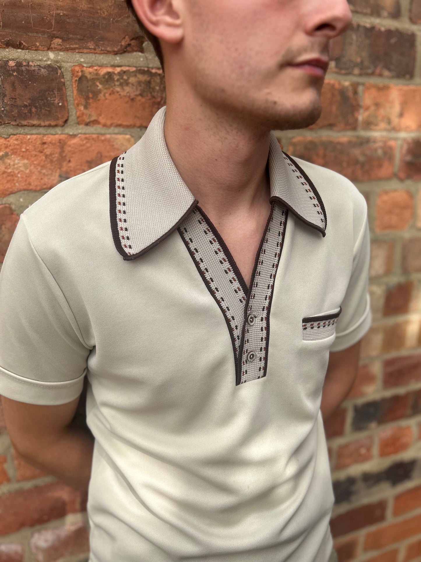 1960s Brown and Beige Collar Shirt with Pocket Detailing Medium