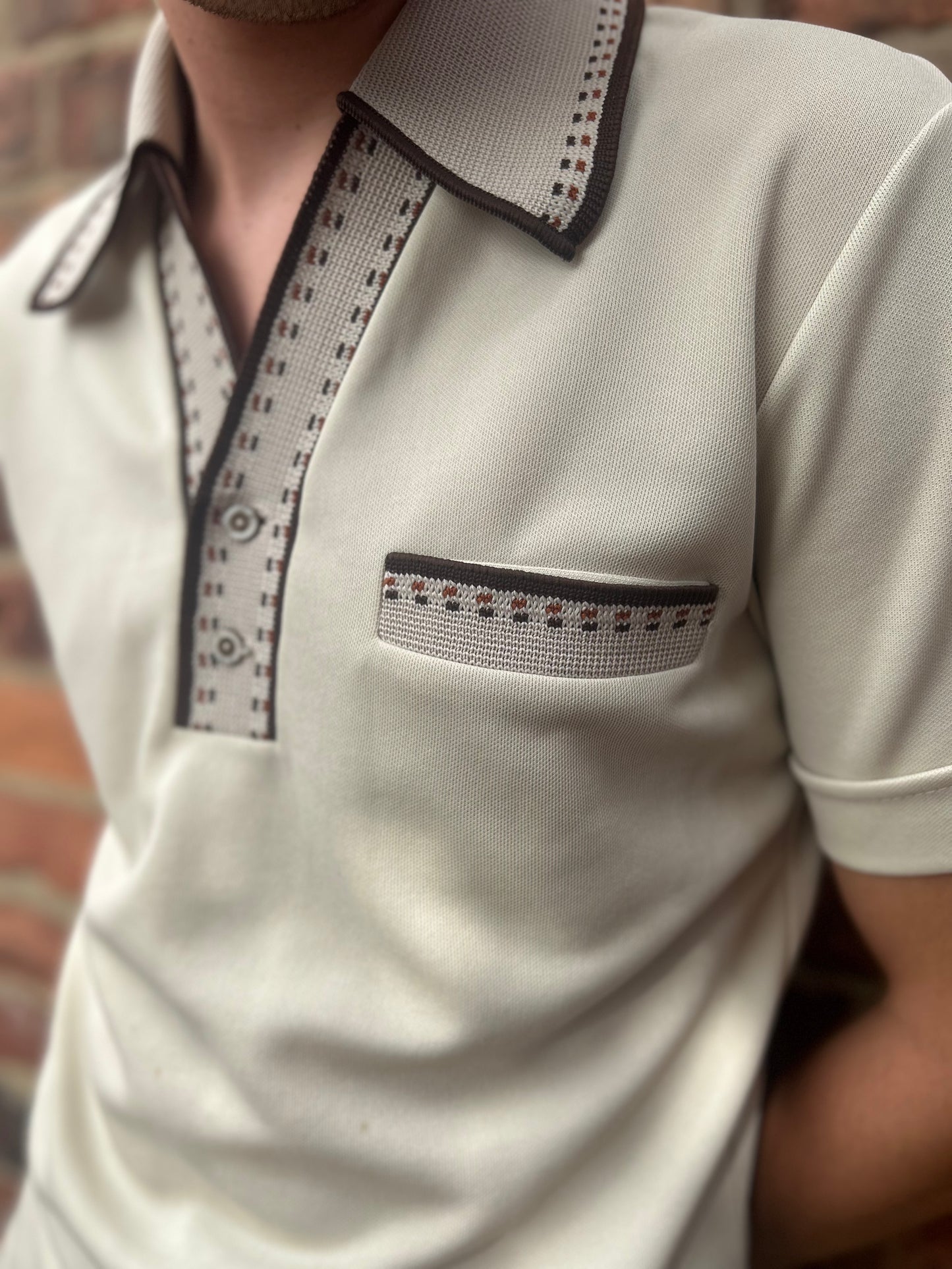 1960s Brown and Beige Collar Shirt with Pocket Detailing Medium
