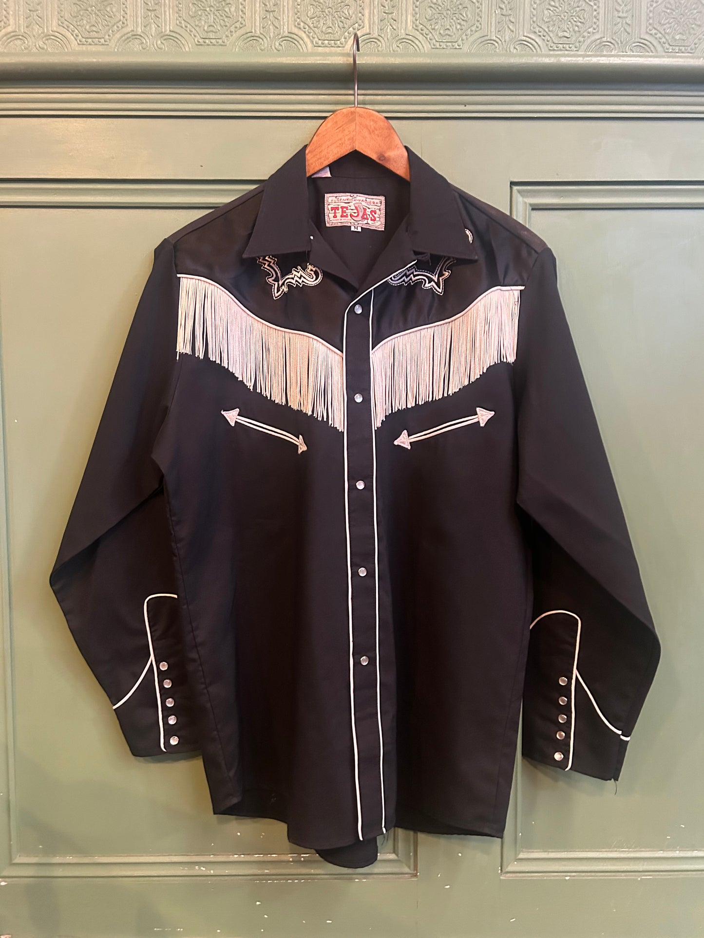 Vintage American TEJAS Western Cowboy Shirt Fringe Detail Press Stud Closure Medium