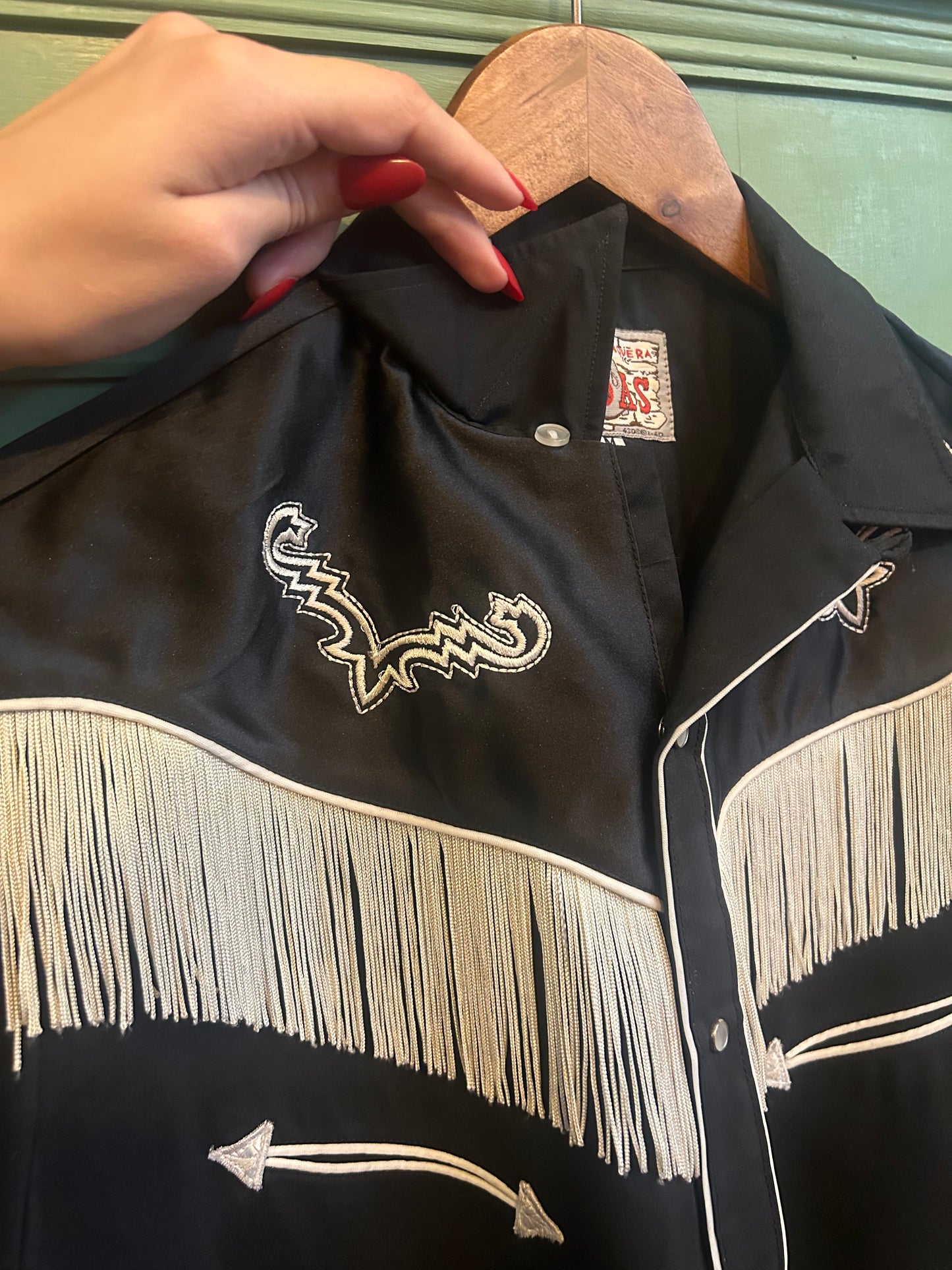 Vintage American TEJAS Western Cowboy Shirt Fringe Detail Press Stud Closure Medium
