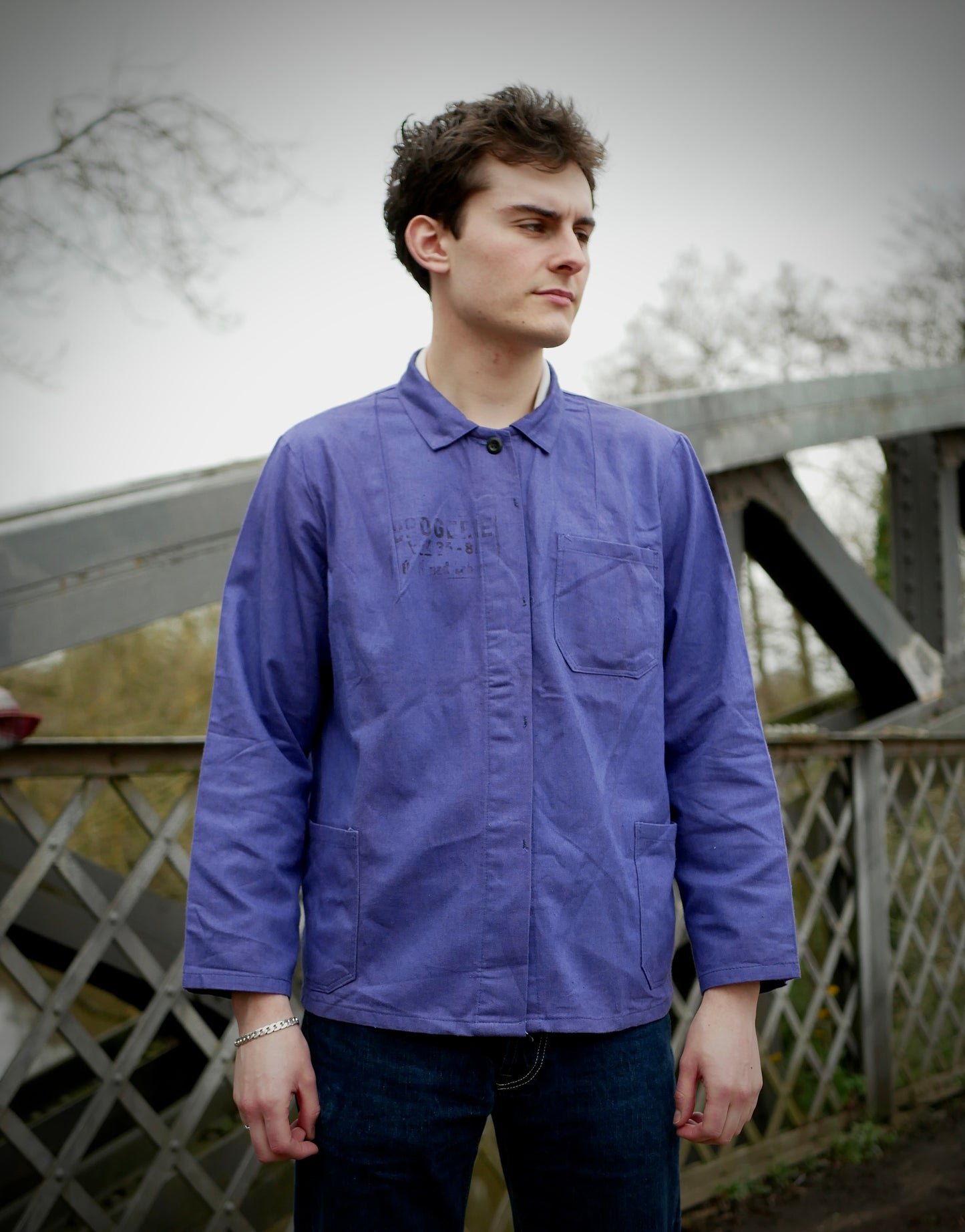 Vintage Blue European Style Work Jacket with Unique Stamping Medium