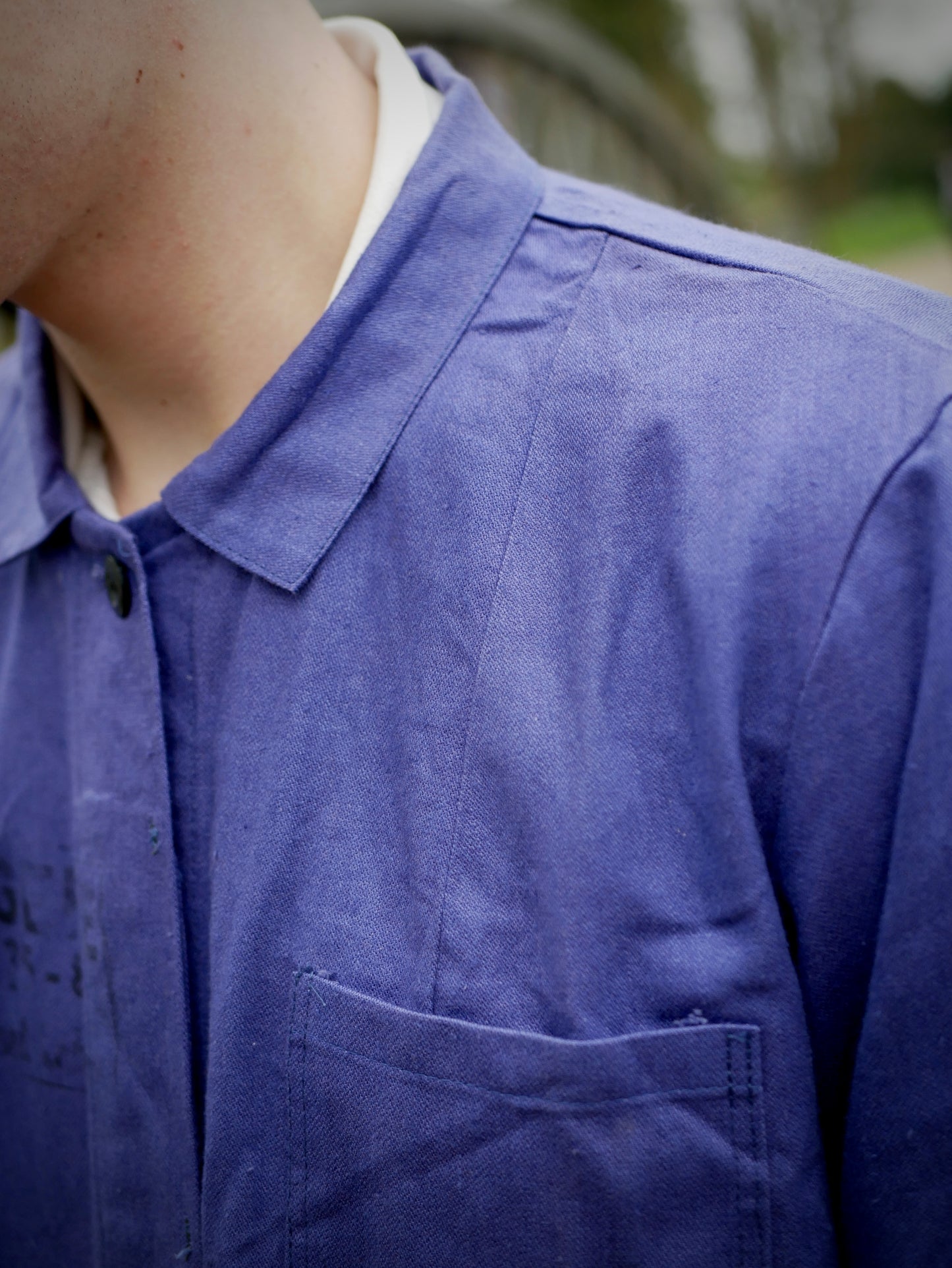 Vintage Blue European Style Work Jacket with Unique Stamping Medium