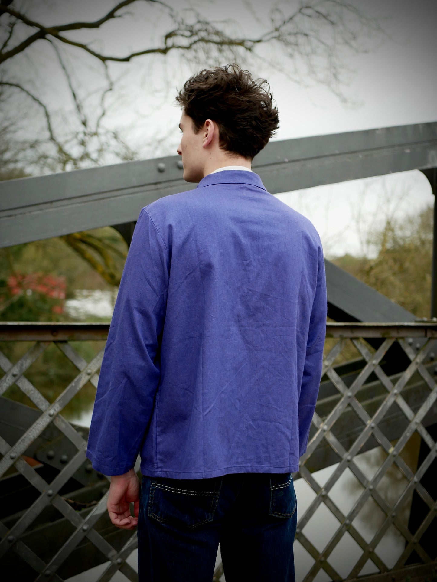 Vintage Blue European Style Work Jacket with Unique Stamping Medium