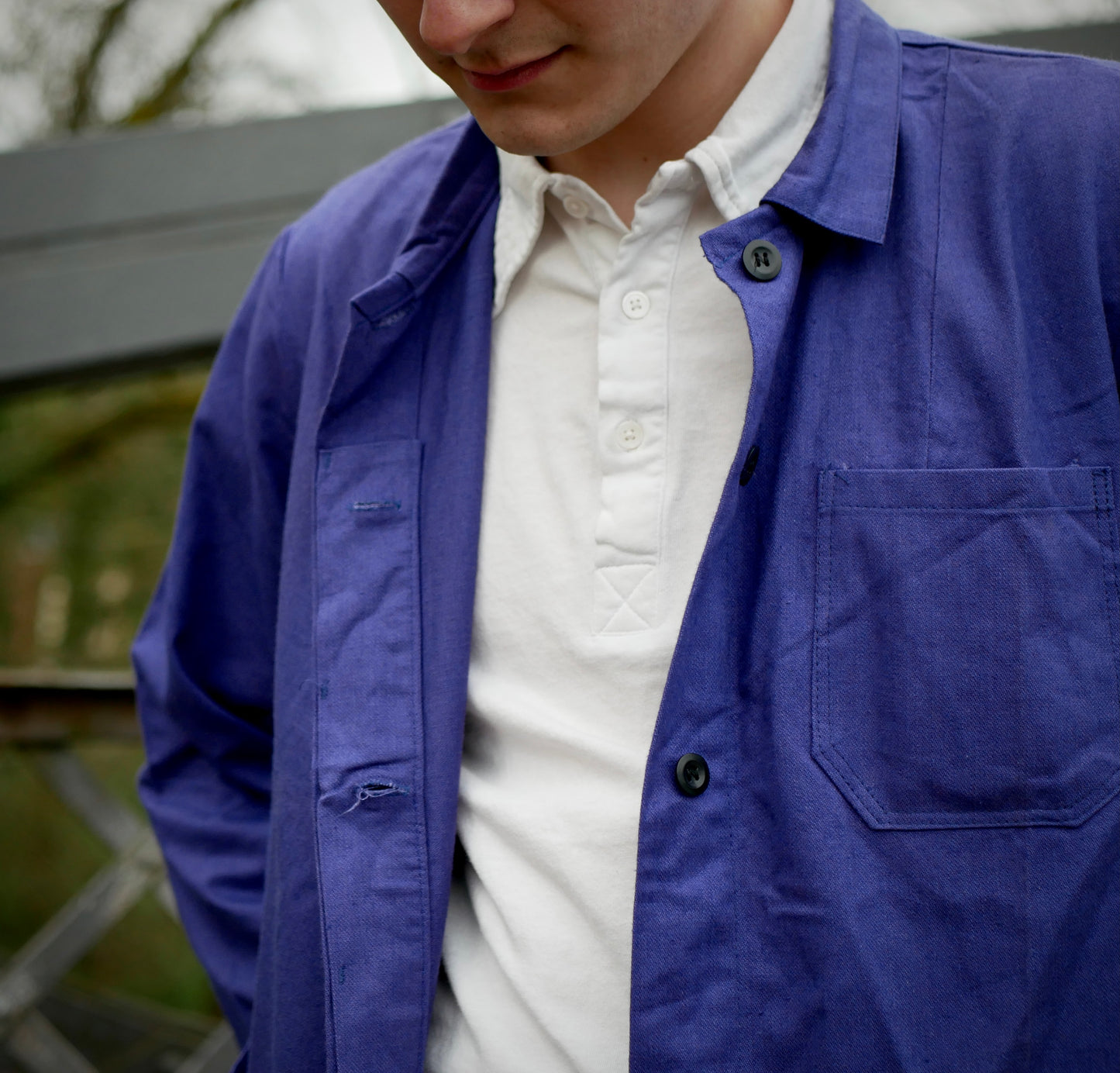 Vintage Blue European Style Work Jacket with Unique Stamping Medium