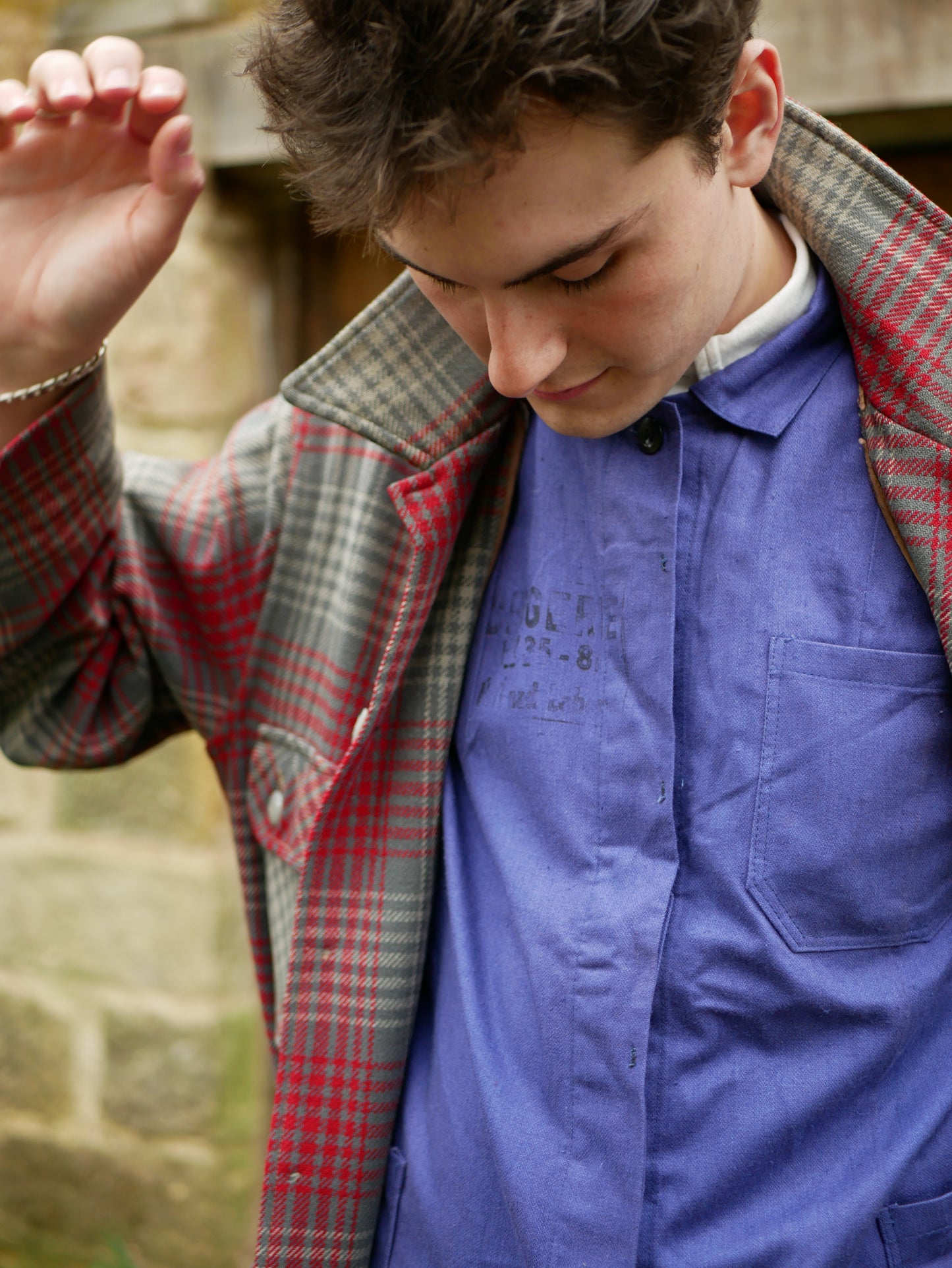 Vintage Blue European Style Work Jacket with Unique Stamping Medium