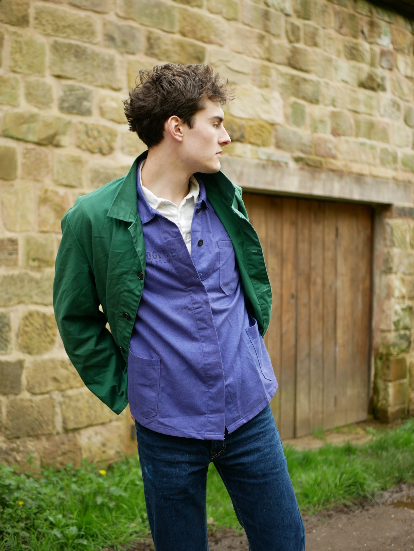Vintage European Style Work Jacket Green Overcoat Style Extra Large