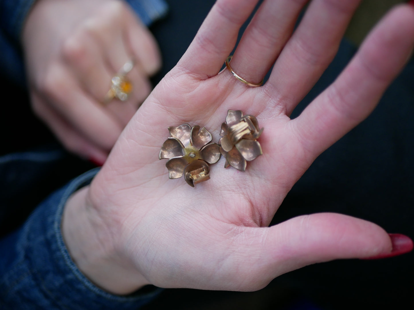 Vintage Brass Flower Clip On Earring