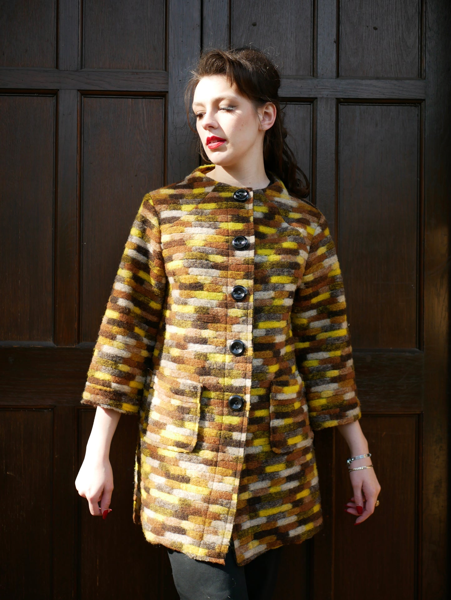 Vintage 1960s Womens Wool Cropped Sleeved Patterned Coat