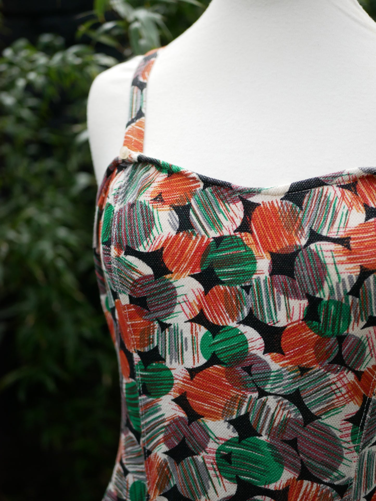 Vintage 1950s French Label Colorful Circular Patterned Low Back Swimming Costume Large