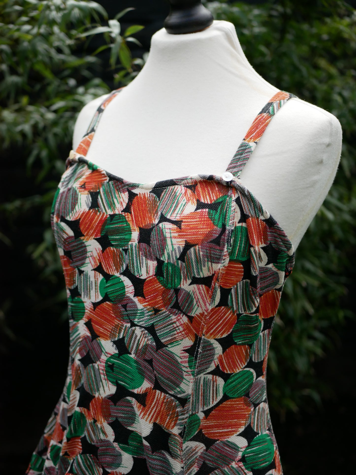 Vintage 1950s French Label Colorful Circular Patterned Low Back Swimming Costume Large