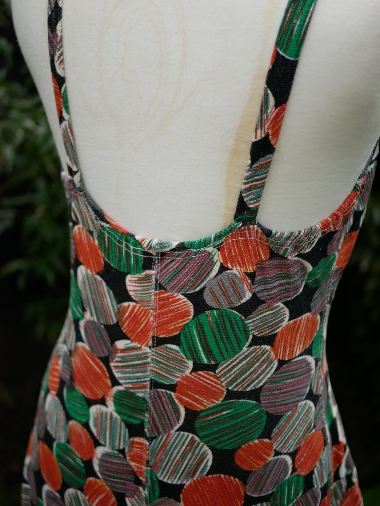 Vintage 1950s French Label Colorful Circular Patterned Low Back Swimming Costume Large