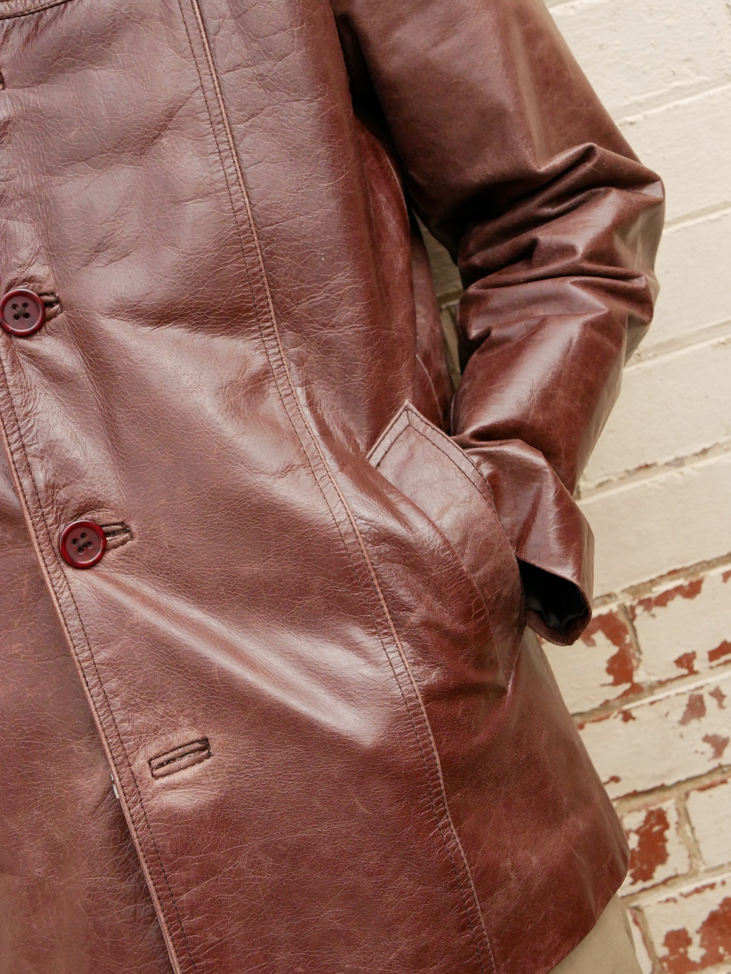 1970s Style Brown Straight Collared Leather Jacket Medium
