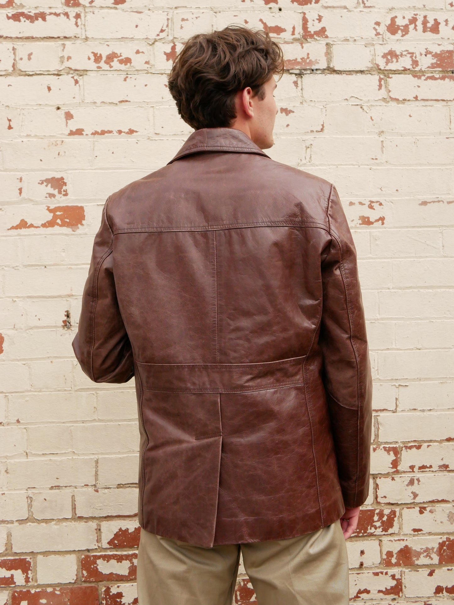 1970s Style Brown Straight Collared Leather Jacket Medium