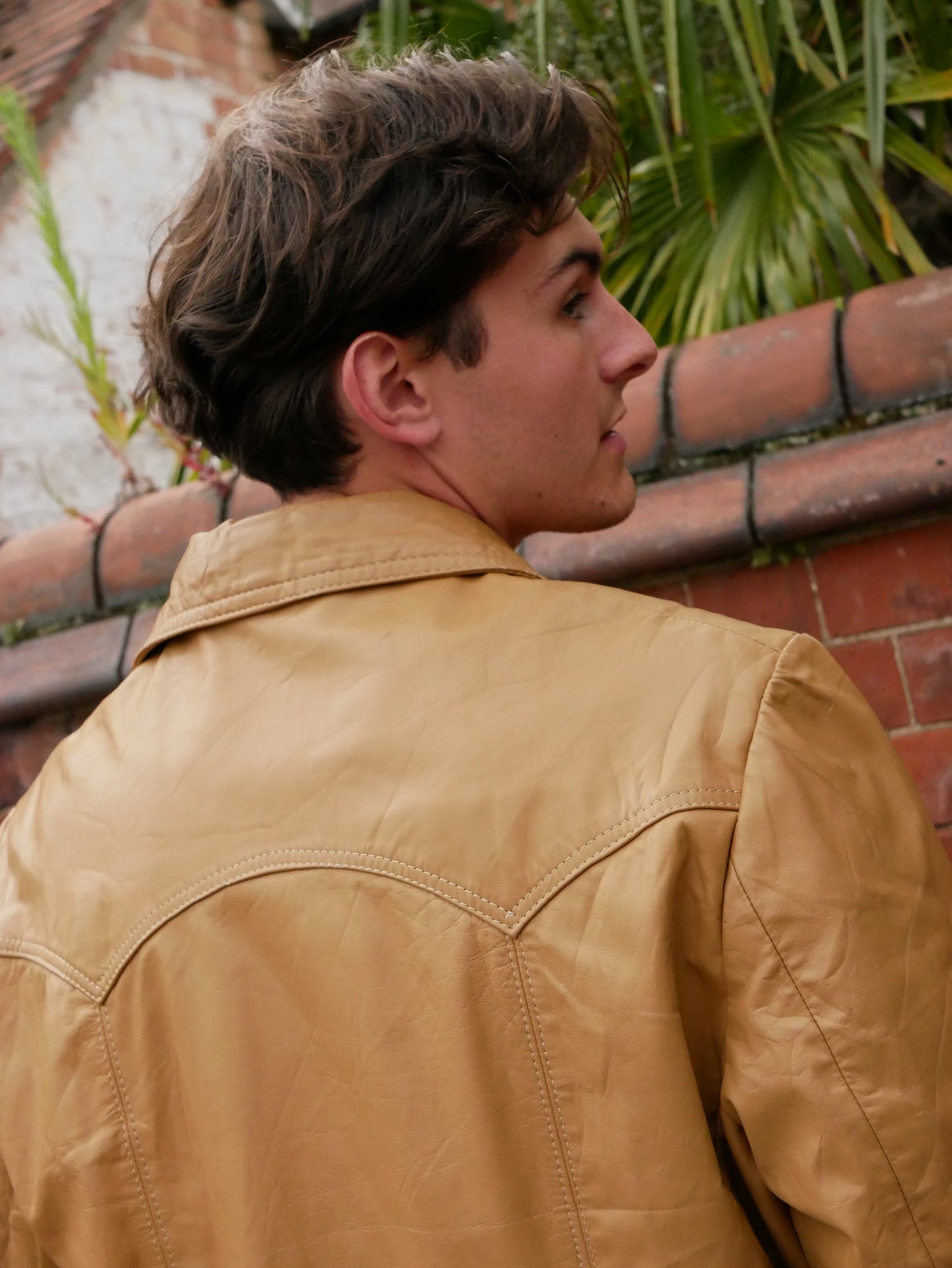 Vintage 1970s Mustard Leather Jacket Back Vents Large Collar Patterned Lining Medium