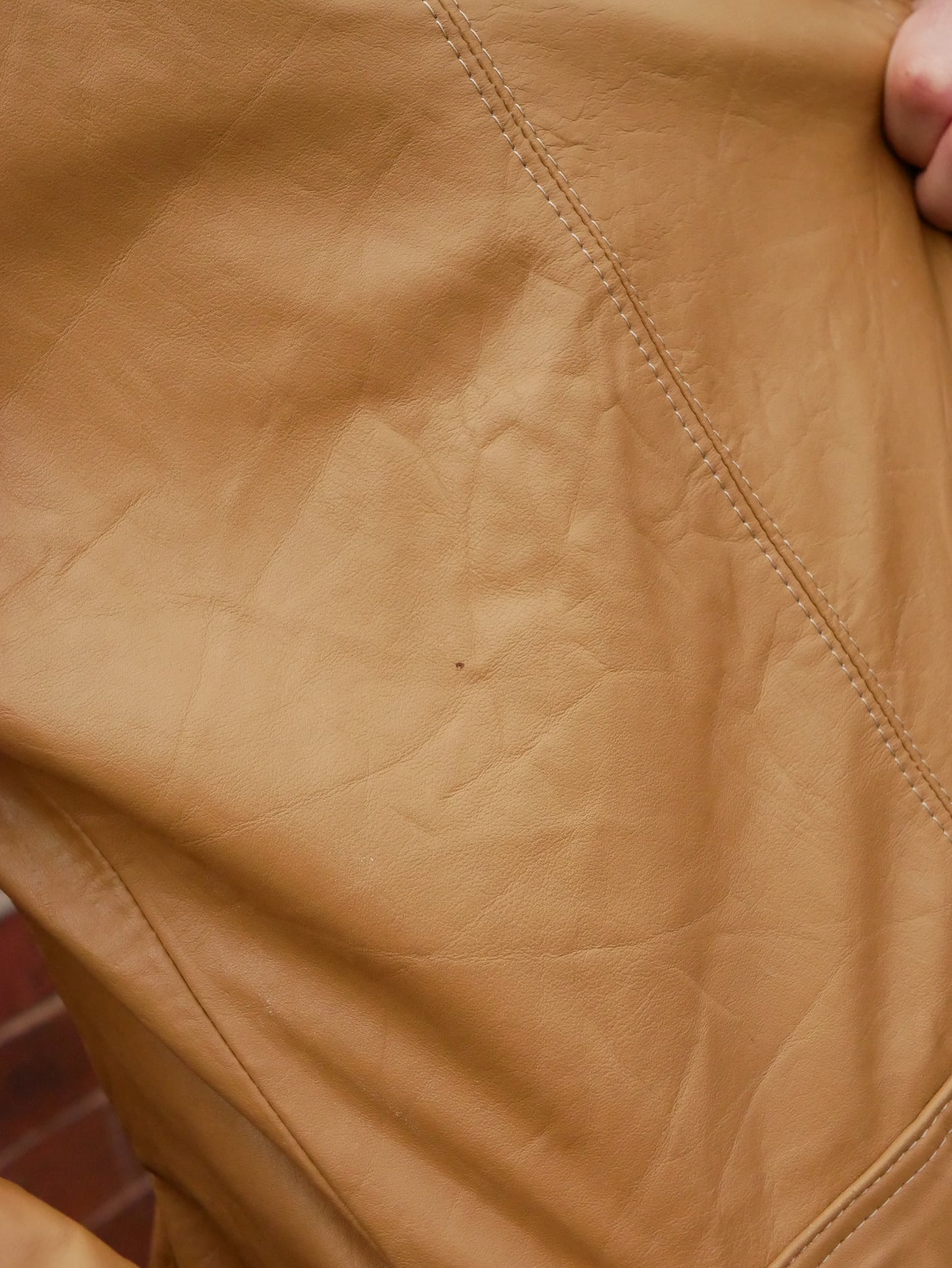 Vintage 1970s Mustard Leather Jacket Back Vents Large Collar Patterned Lining Medium