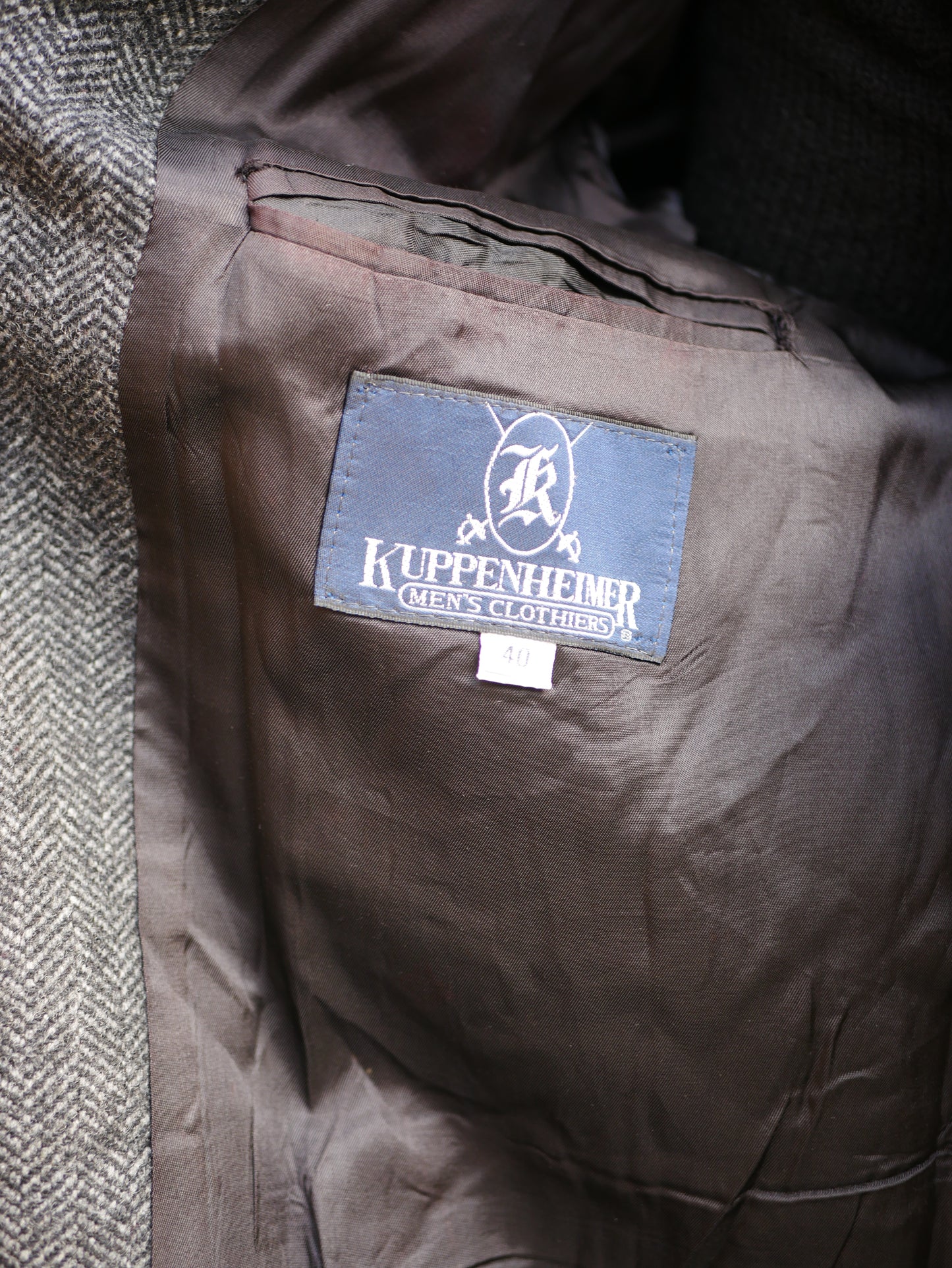 Vintage American Kuppenheimer 100% Pure Wool Grey Herringbone Overcoat Large