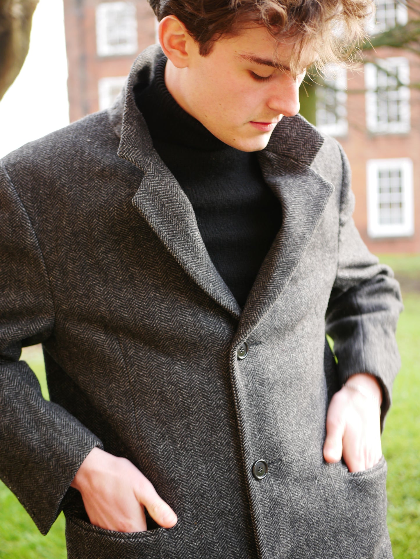 Vintage American Kuppenheimer 100% Pure Wool Grey Herringbone Overcoat Large
