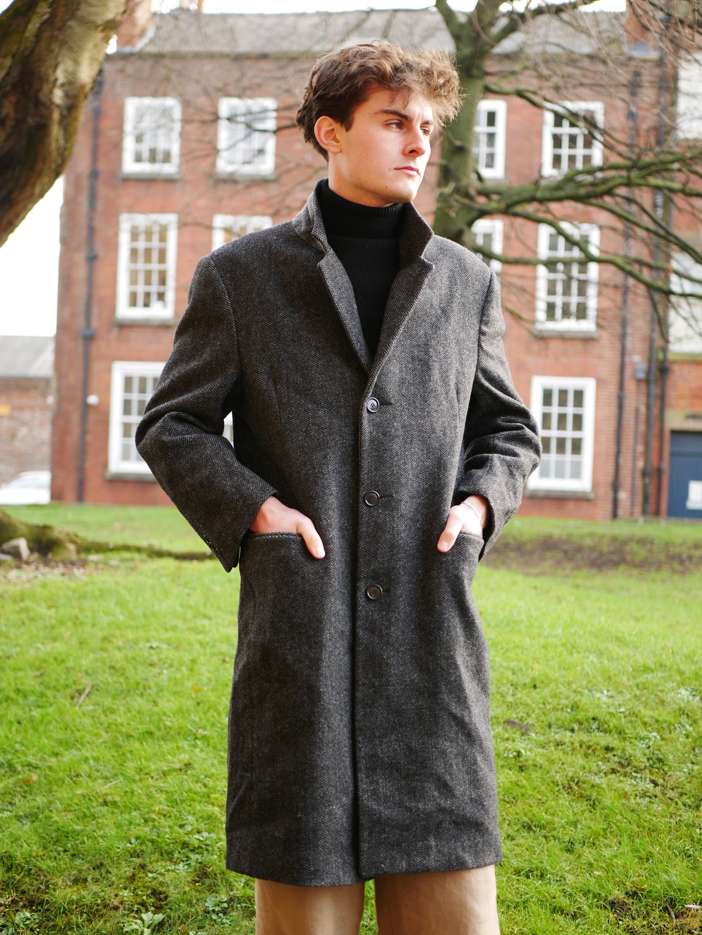 Vintage American Kuppenheimer 100% Pure Wool Grey Herringbone Overcoat Large