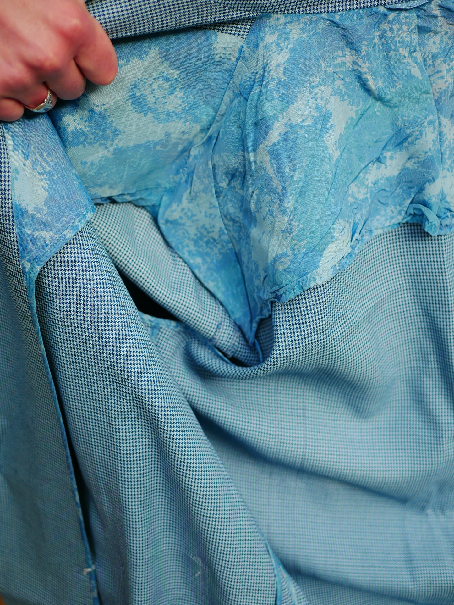 Vintage Homemade 1970s Blue Herringbone Lightweight Blazer Jacket Large