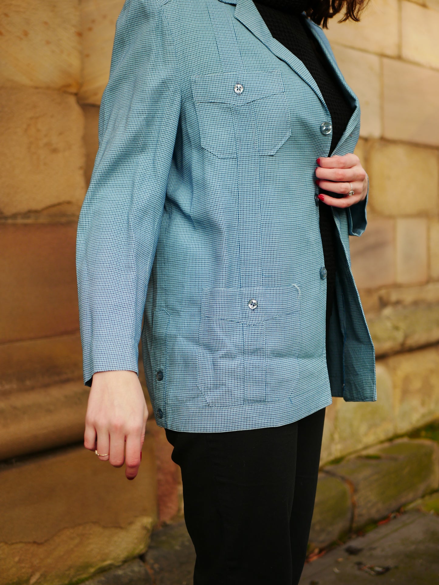 Vintage Homemade 1970s Blue Herringbone Lightweight Blazer Jacket Large