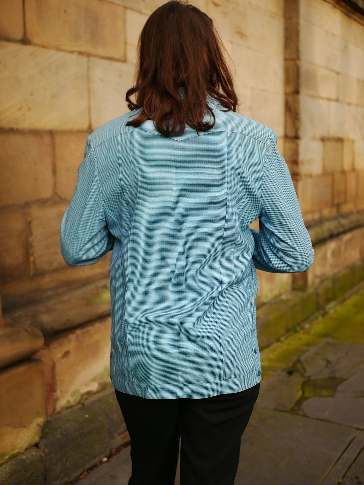 Vintage Homemade 1970s Blue Herringbone Lightweight Blazer Jacket Large