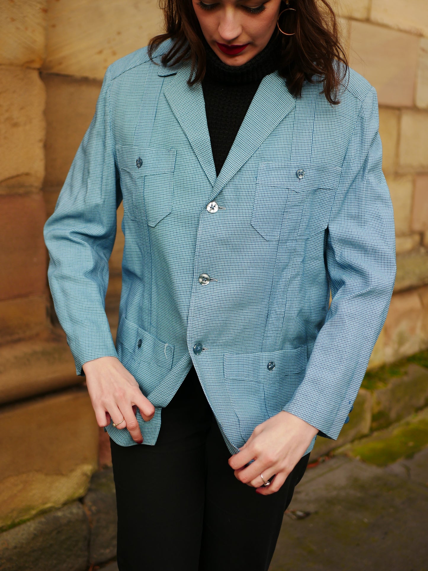 Vintage Homemade 1970s Blue Herringbone Lightweight Blazer Jacket Large