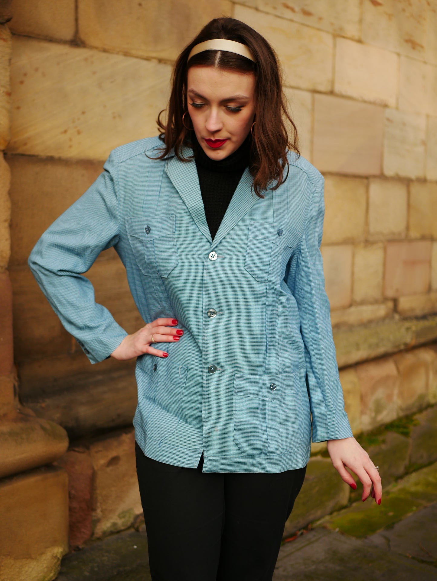 Vintage Homemade 1970s Blue Herringbone Lightweight Blazer Jacket Large