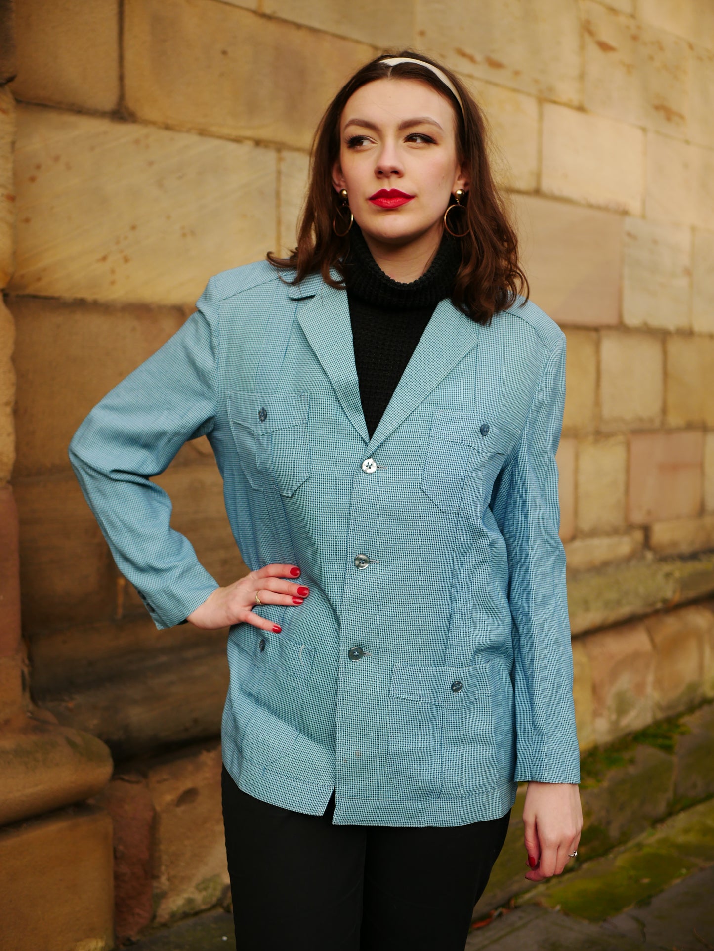 Vintage Homemade 1970s Blue Herringbone Lightweight Blazer Jacket Large