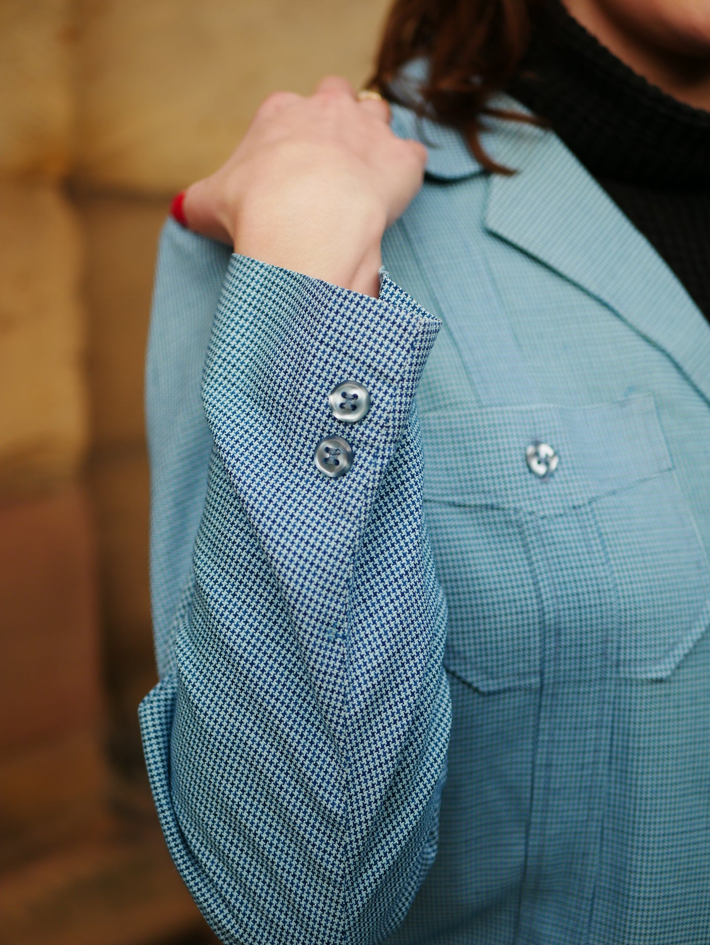 Vintage Homemade 1970s Blue Herringbone Lightweight Blazer Jacket Large