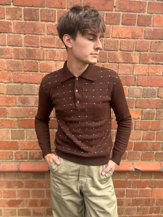 Vintage 1960s Brown Knitted Long-sleeved Collared Polo Small