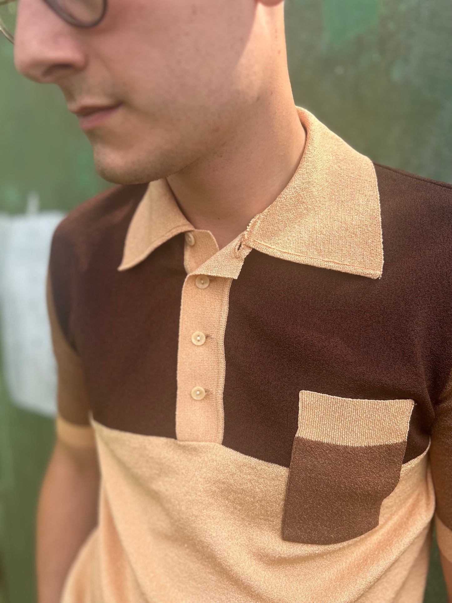 Vintage 1960s Style Brown Sectioned Stretchy Polo Shirt Medium