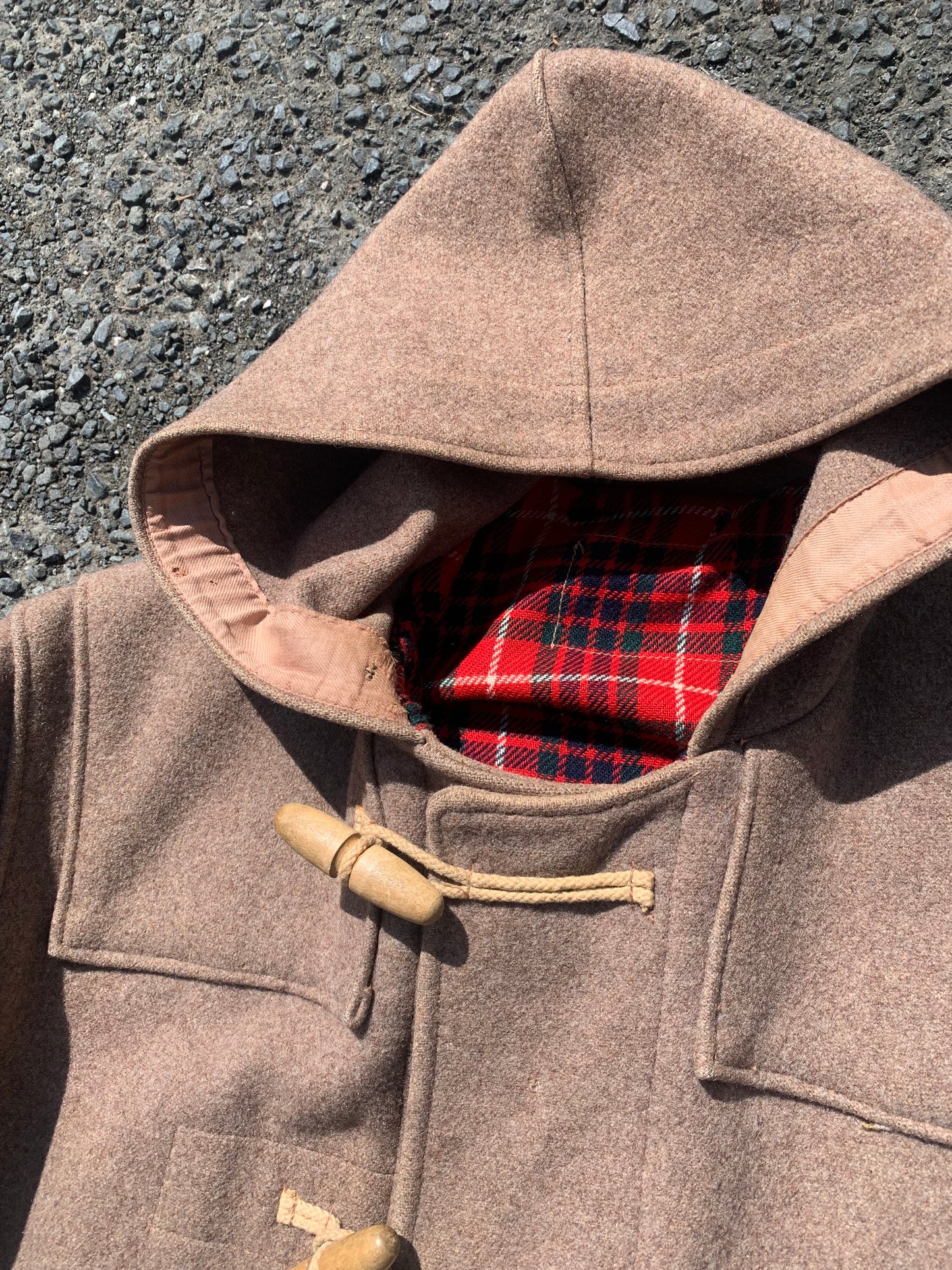 Vintage 1950s/60s Wooden Toggle Hooded Tartan Lined Duffle Coat Large