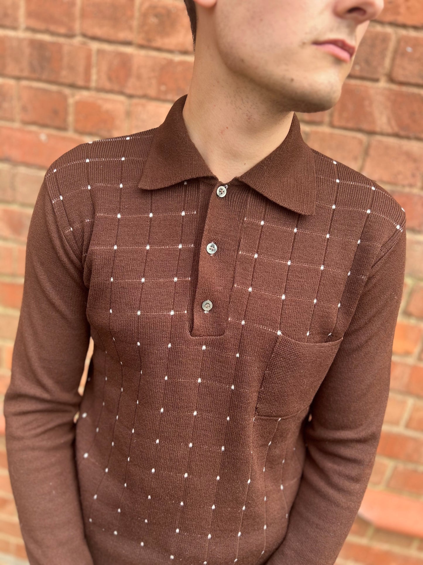 Vintage 1960s Brown Knitted Long-sleeved Collared Polo Small