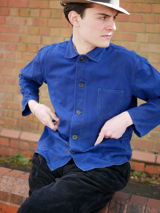 Vintage European Chore/Work Jacket Blue Collared with Pockets Used Medium