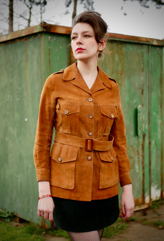 Vintage Late 60s Early 70s Flattering Womens Brown Suede Belted Pocketed Jacket X-Small