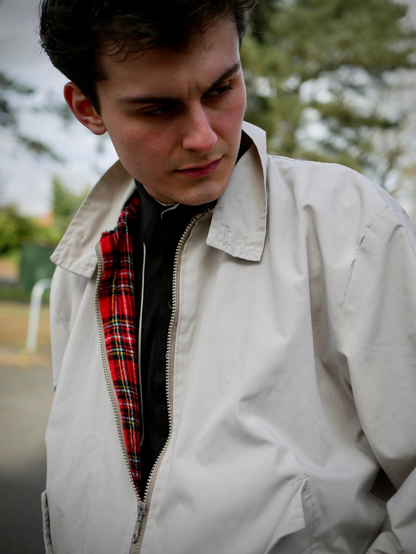 Vintage Classic Cream Harrington Jacket with Red Tartan Lining Large