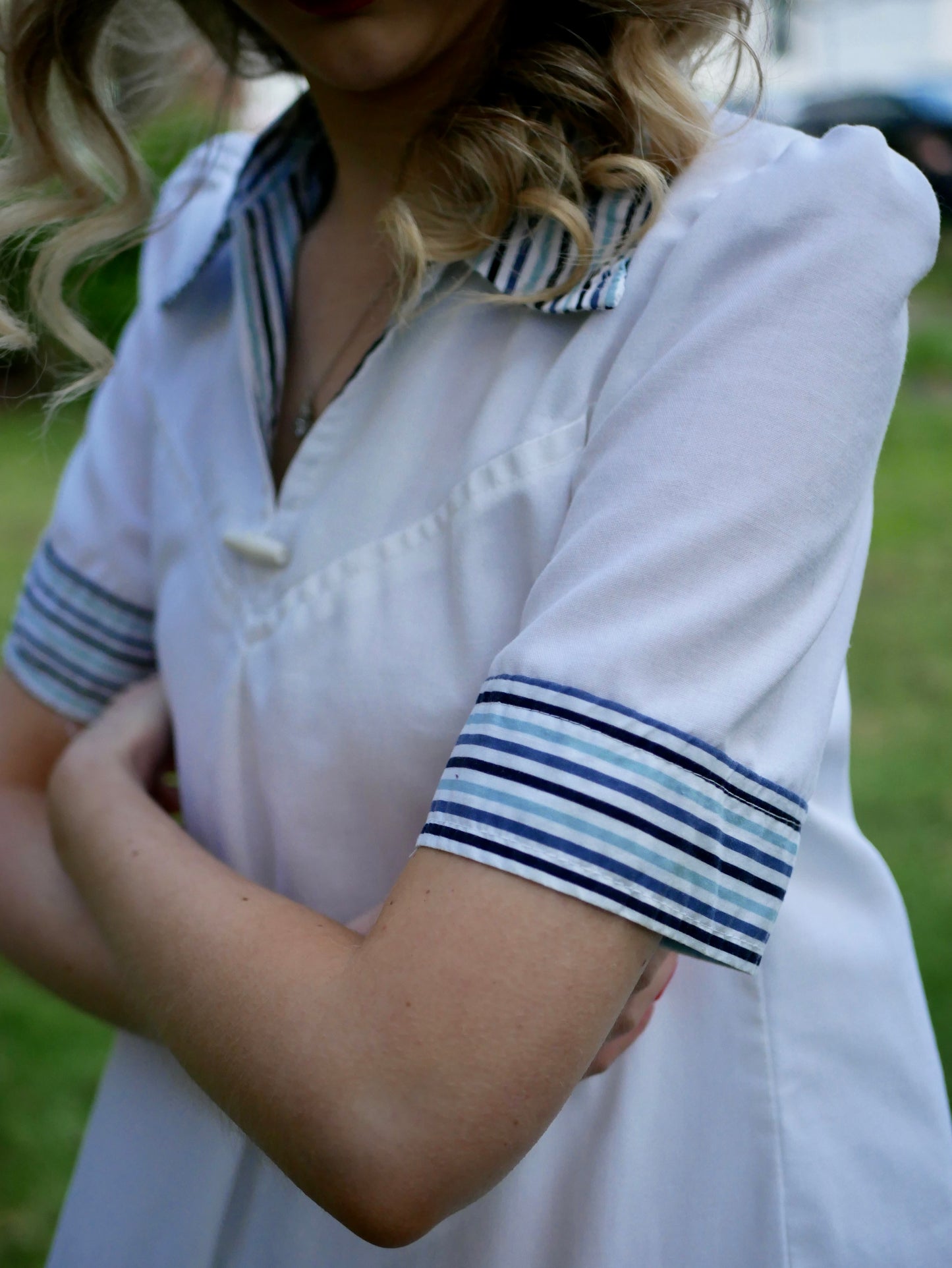 Vintage 1960s/70s Striped Blue Collared Long Dress with Shoulder Detailing Small